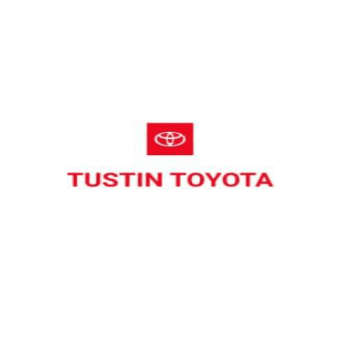 A red and white logo of tustin toyota.